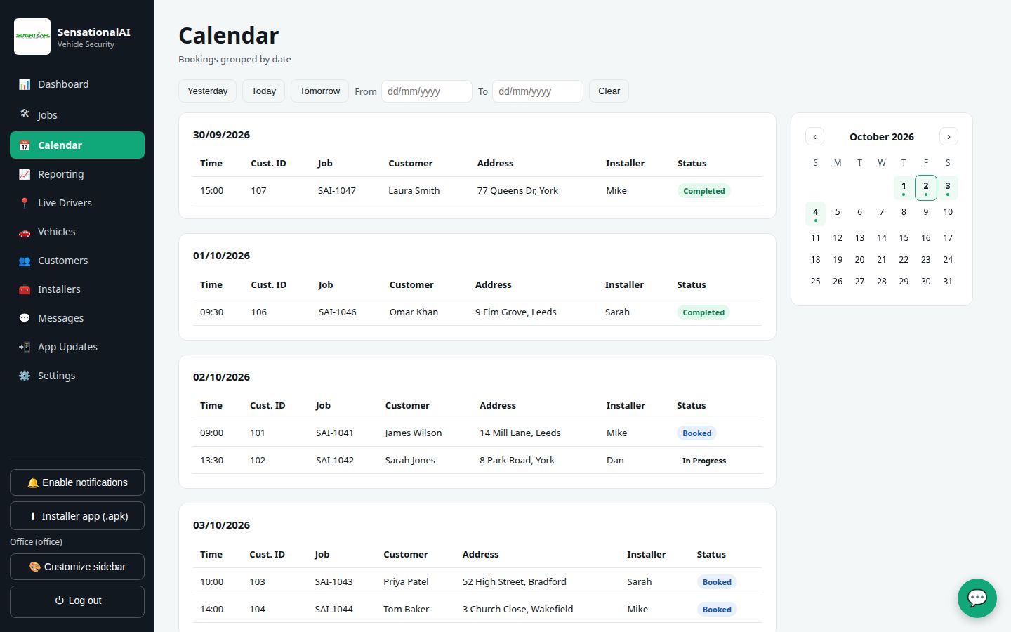Calendar of bookings